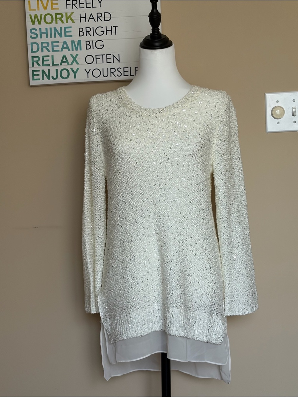LOFT Cream Sequin Knit Crewneck Sweater with Chiffon Layer
